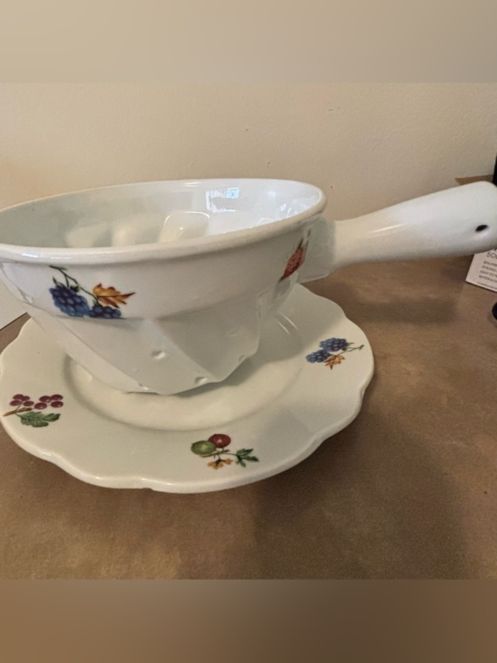 Vintage white porcelain berry colander matching plate  BIA International